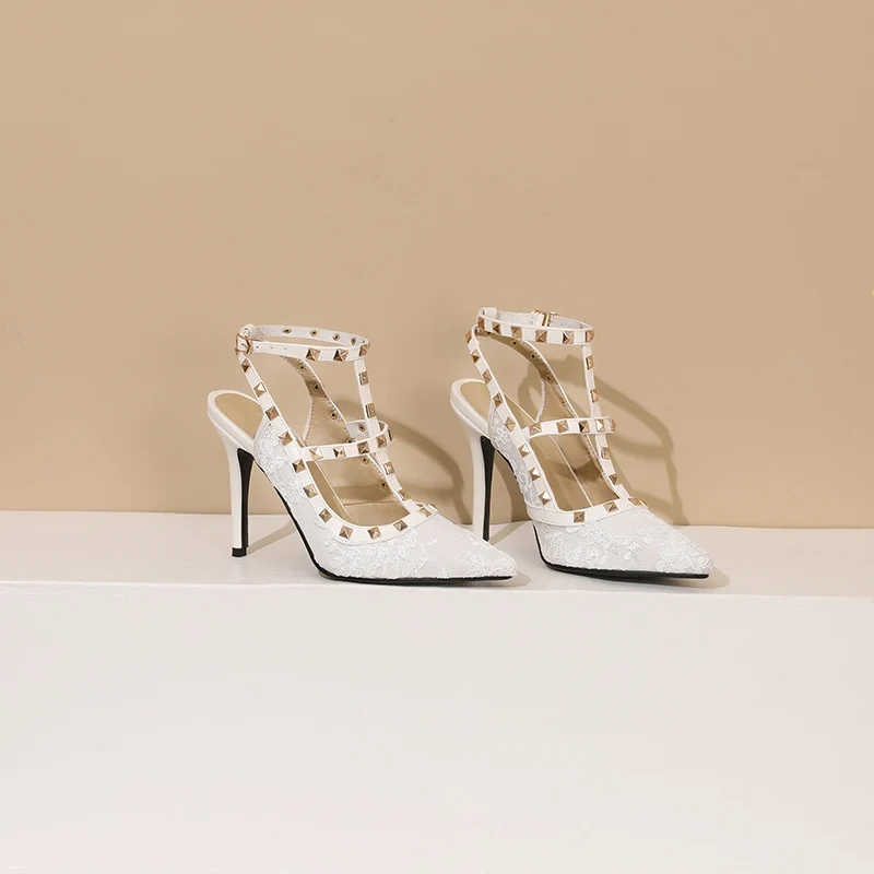 

2025 Autumn New Pointy Spike Punk Back Empty Thin Heel 10.5CM High Heels Buckle Women's Sandals