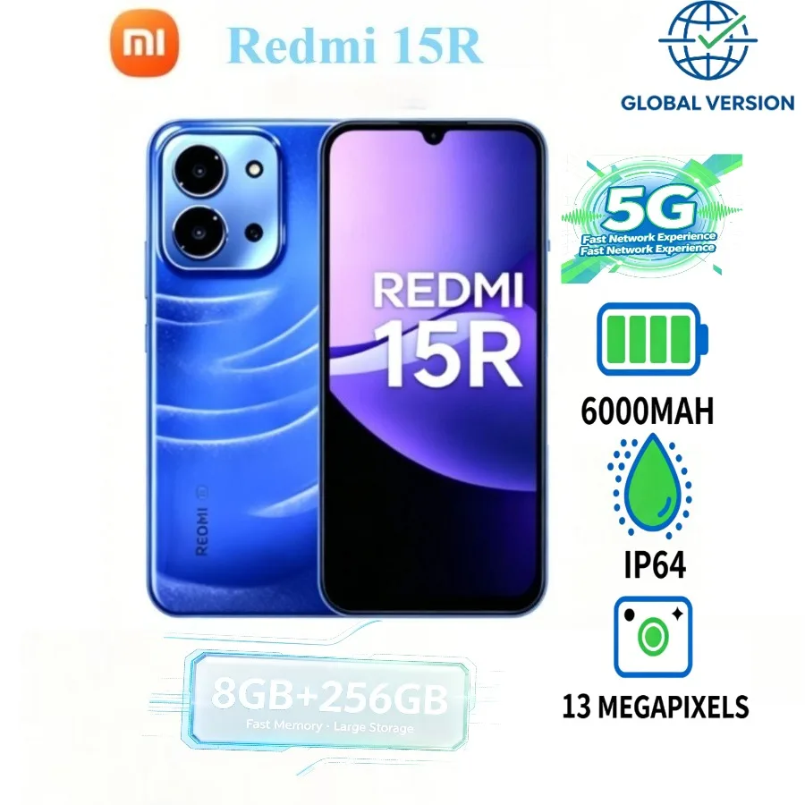 2026 latest global version of Xiaomi Redmi 15r memory 8GB+256GB 6000mah battery 5G smart phone waterproof IP64
