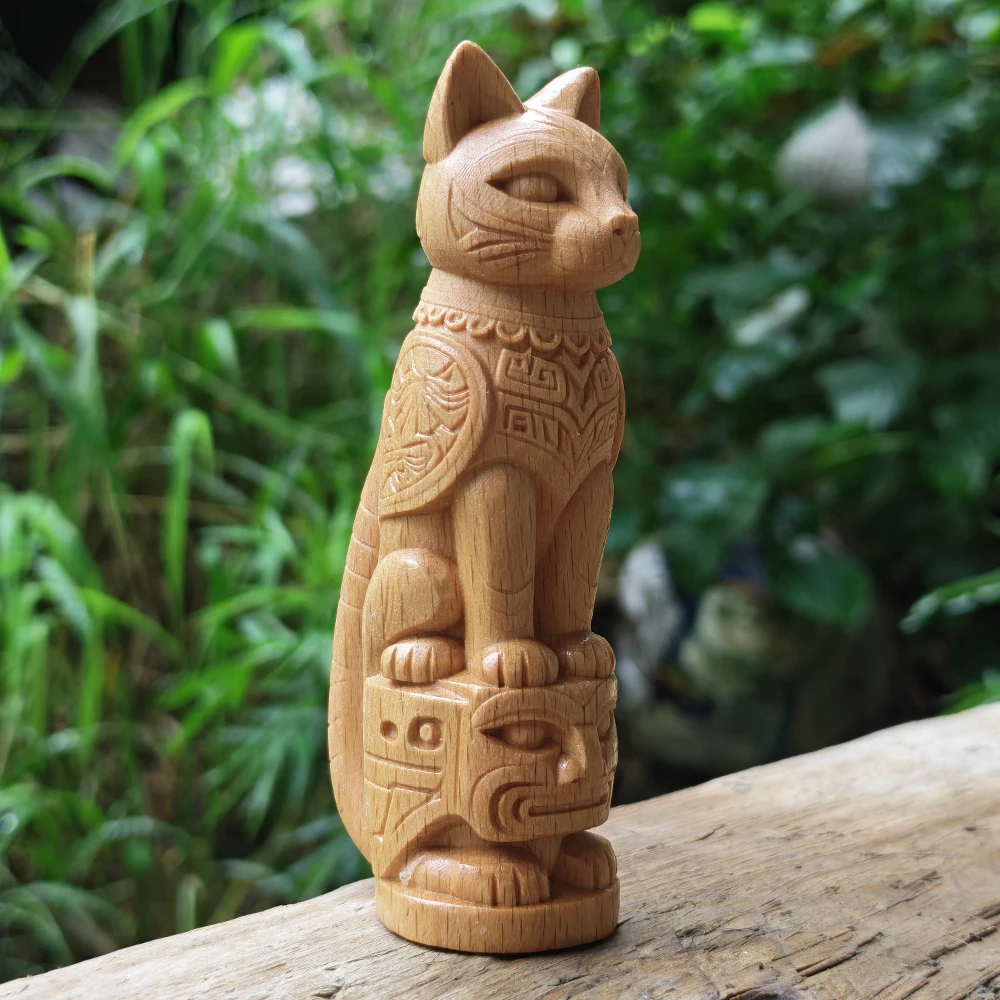 3.8 Inch Hand-Carved Wooden Cat Totem Ornament, Ethnic Style, Artistic Style, Suitable for New Year Gifts, Christmas Gifts, Fireplace, Tabletop Decorations, Birthday Gifts, Housewarming Gifts, Indoor Decorations, Office