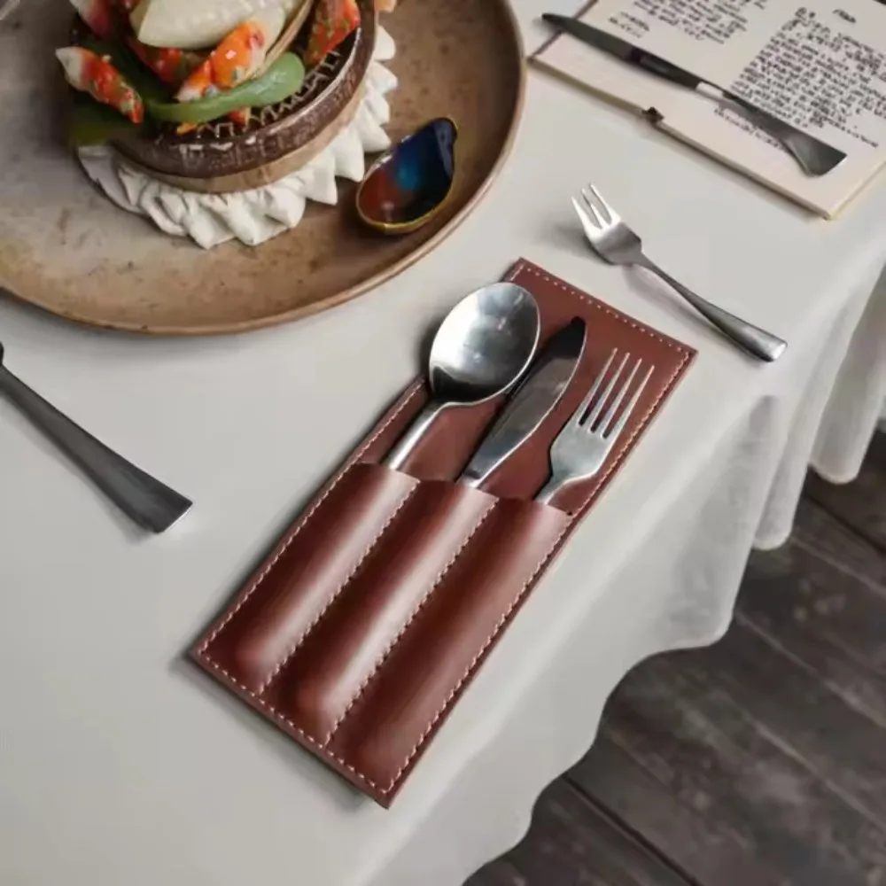 3 Pocket Western Restaurant Fork Cutlery Bag PU Leather Rectangular Cutlery Storage Pouch Solid Color Multi-functional
