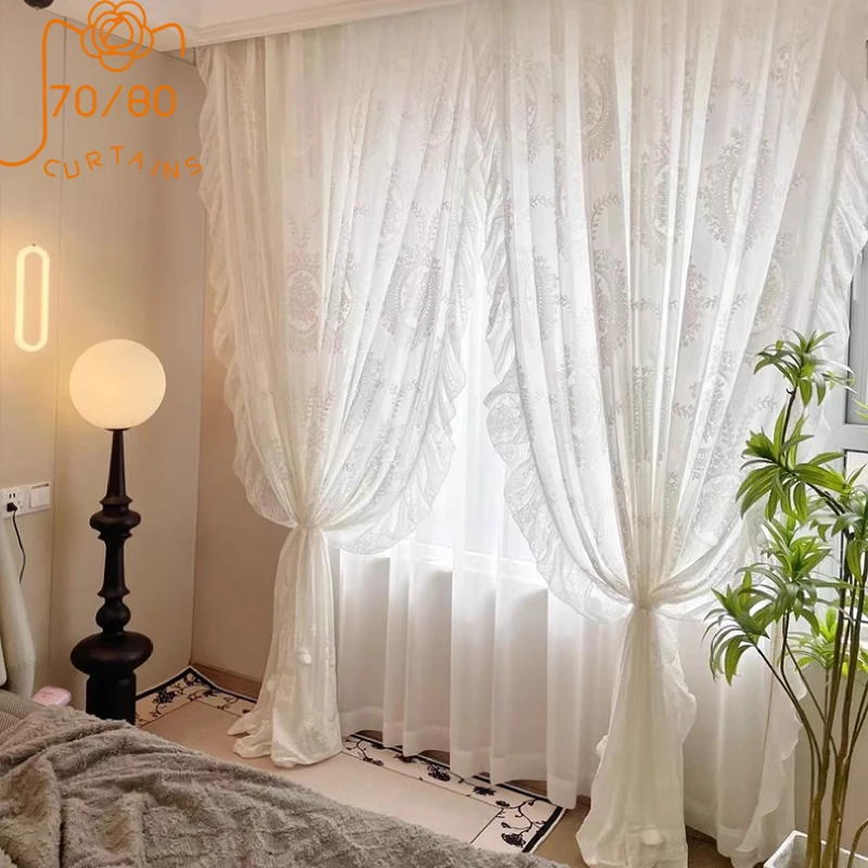 

New Customized Embossed Three-dimensional Velvet White Gauze Curtains for Living Room Bedroom French Window Balcony Floating