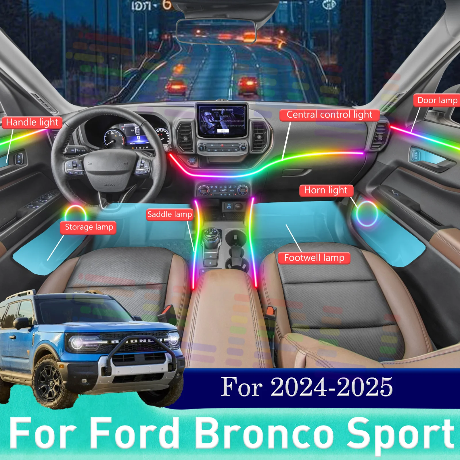 

Для Ford Bronco Sport трансформативный автомобиль, светодиодная лента для настроения, решение для скрытого монтажа и динамический ритм, следующий эффект