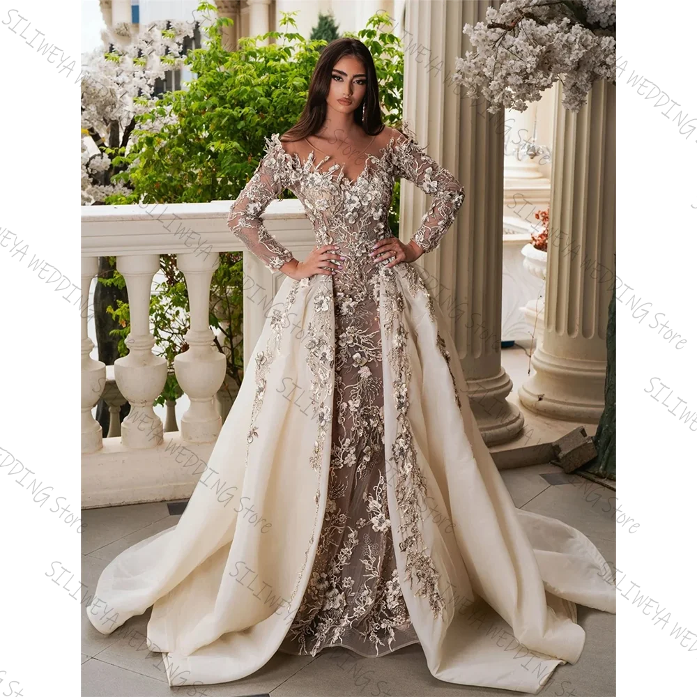 Squisiti abiti da sera in pizzo Collo trasparente Maniche lunghe Abiti da sposa floreali con perline Abito da sposa personalizzato di lusso beige