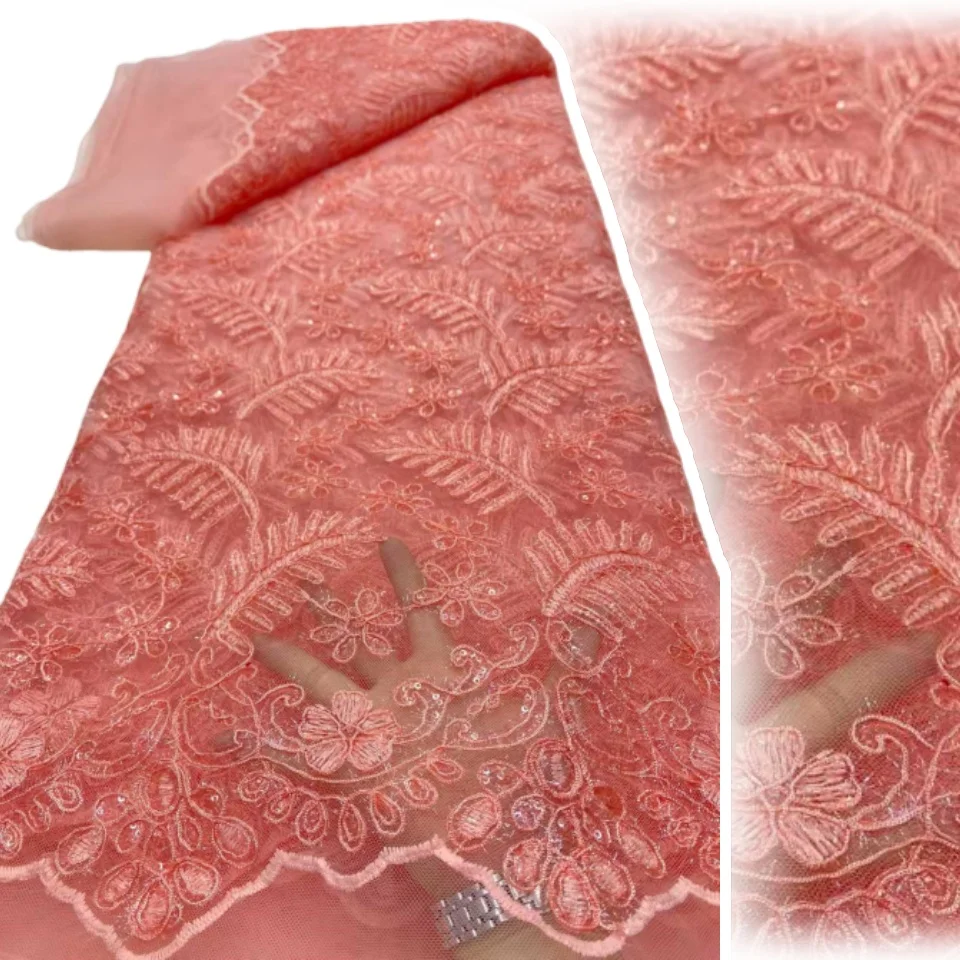

Peach African Beaded Tulle Lace Fabric 2026 High-Quality Nigerian Sequin Lace Fabric Ideal for Party Dresses and Wedding 2555