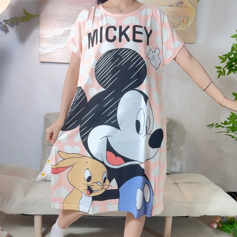 

Disney summer nightdress pink Mickey Mouse short-sleeved pajama set cartoon cute loungewear Mickey Mouse women's loungewear