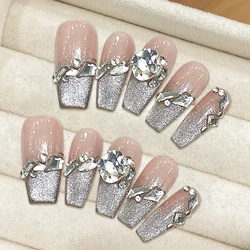 Handmade Press On Nails Wedding Diamond Long Ballet Nail Flash Cat's Eye French False Nails Finished Gradient Fake Glitter Nails