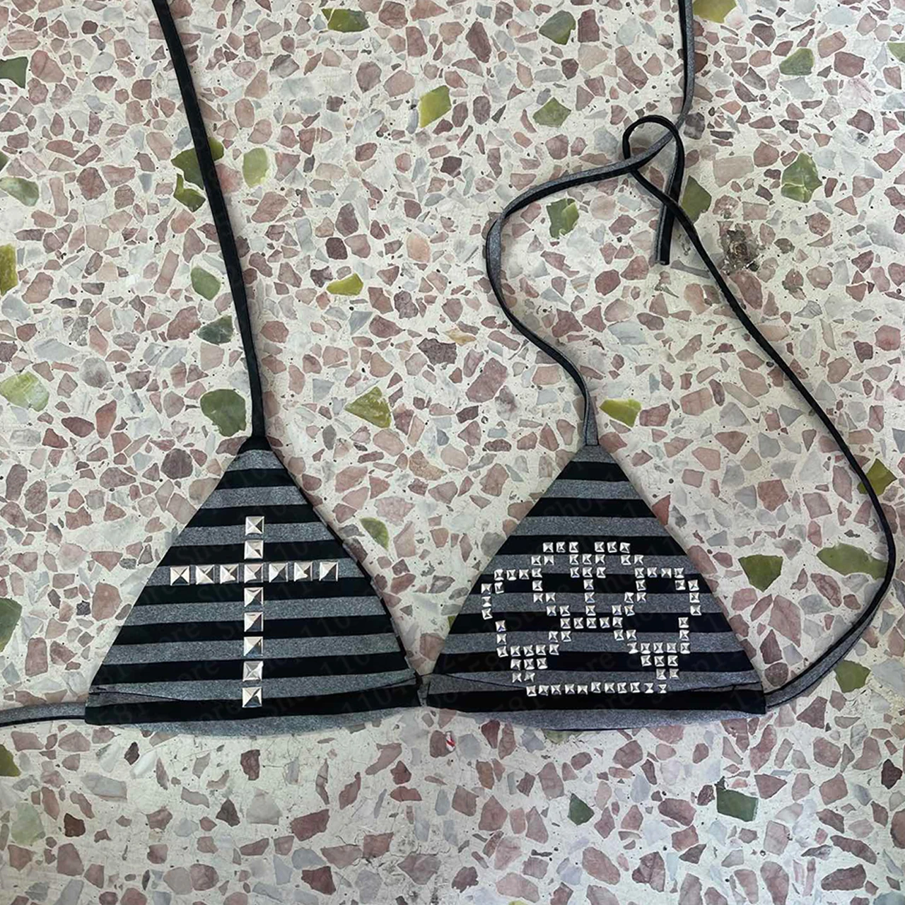 Gothic casual style geometric print garbage sexy hip-hop rock swimsuit bikini top retro 2000s punk new beach swimsuit emo girl