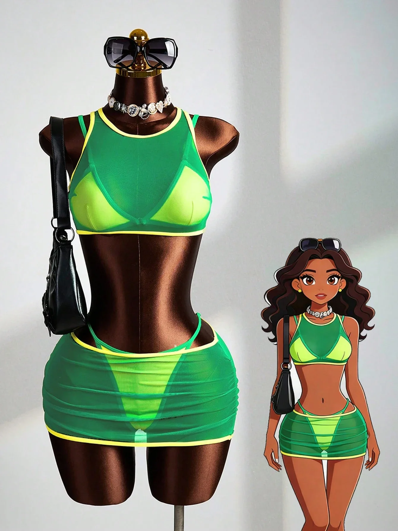 

Green Yellow Color Block Mesh Bikini Set With Skirt Cover Up