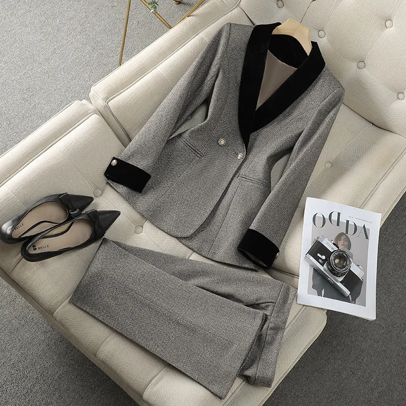 Winter Women Fashion Elegant Woolen Pantsuit Vintage Chic Blazer Jackets and Pants Two Pieces Set Female Clothes Outfits