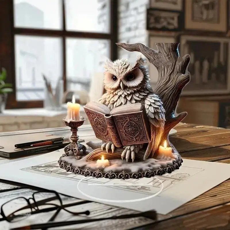 New 2D Flat Acrylic Owl Decor Not 3D Solid Statue Sparkling Crystal Snow Owl Desktop Ornament With Clear Acrylic Stand