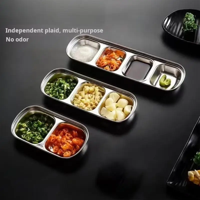 Stainless Steel Divided Condiment Tray - BBQ Sauce Plate for Dipping, Seasoning, Vinegar, Spices, Ketchup, Salt, Sugar