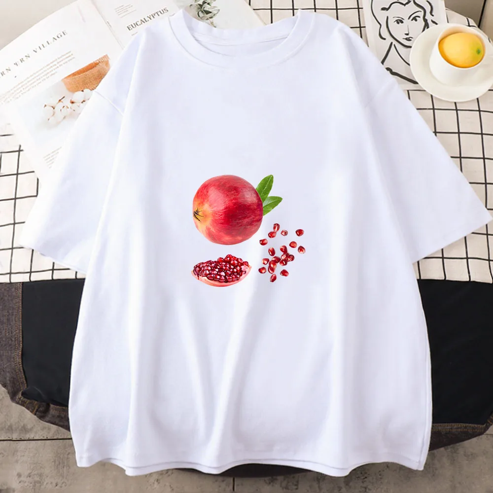 Fruit Pomegranate Women T-shirt Fun Garnet Print Tops Round Neck Summer High Street Original Design Sense Couples Short-sleeved