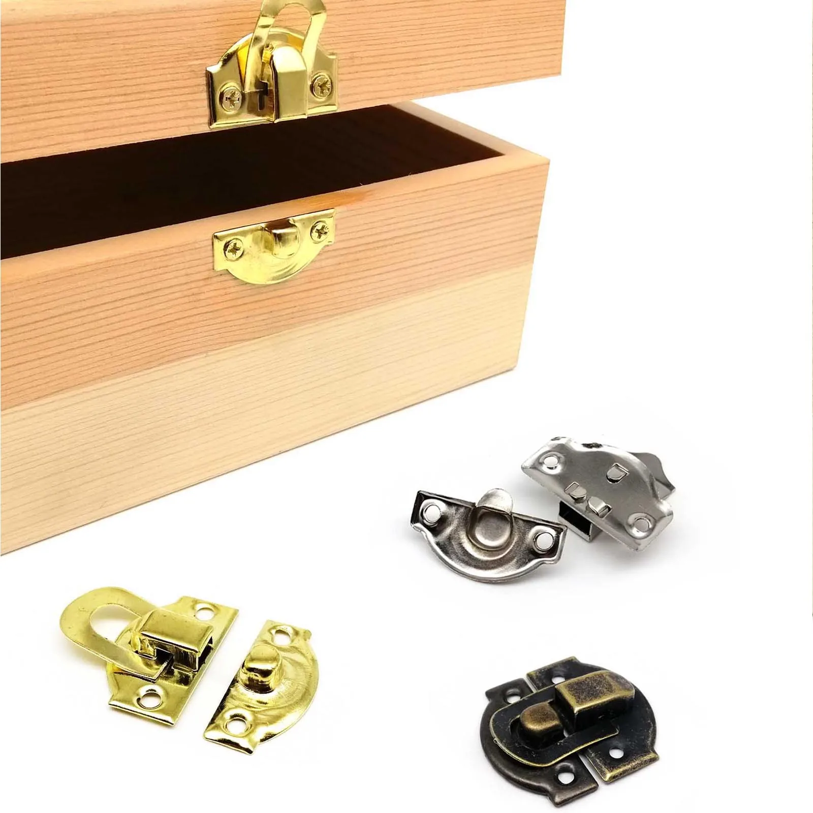 HZYUEGOU Mini Kleine Goldene Silberne Bronze Schmuck- und Weinkiste aus Holz mit Knebelverschluss, Haspe und Haken, abschließbar, mit Schraubverschluss – Detail 3