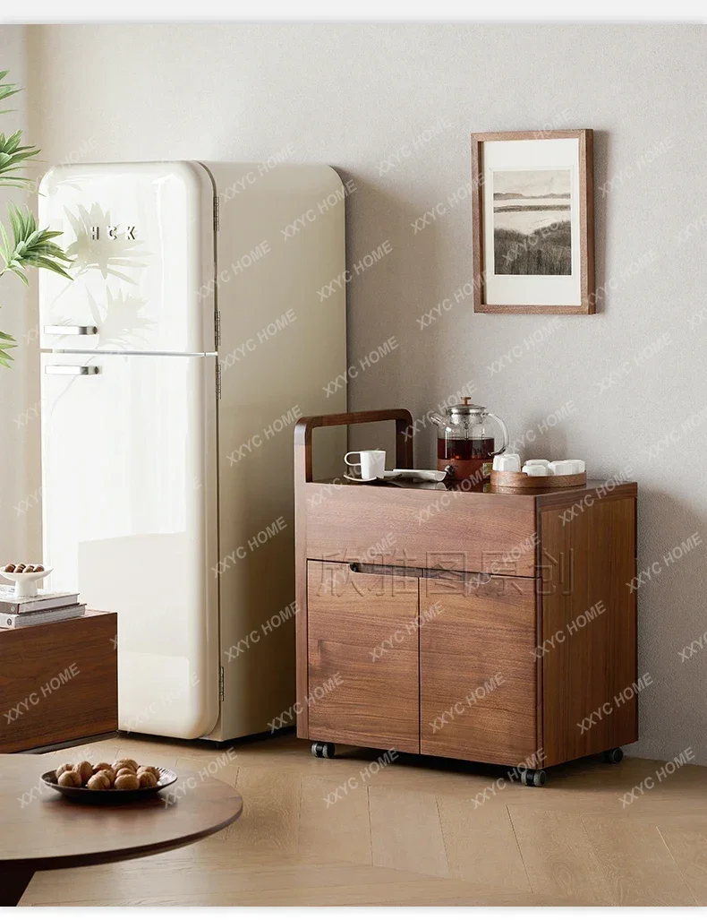 Black Walnut Wooden Sofa Side Cabinet Movable Coffee Table Living Room Solid Wood Side Table Light Luxury