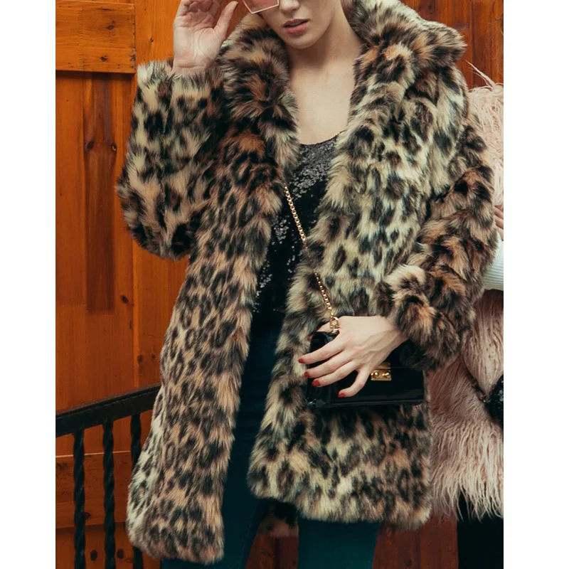 Leopard Women's Faux Fur Coat Mid Long Lapel Stylish Furry Jacket Winter New Thick Plush Coats Long Sleeves Fluffy Overcoat 2025