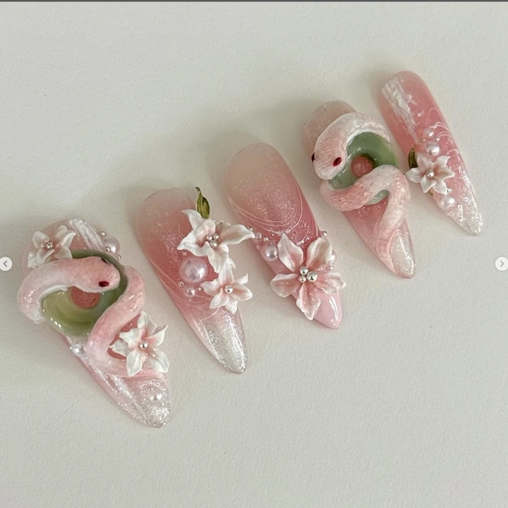 10 Pcs Handmade Press On Nails in the Year of the Snake 2025 New 3D INS Y2k Long Almond Fake Nails Design DIY Nails with Set