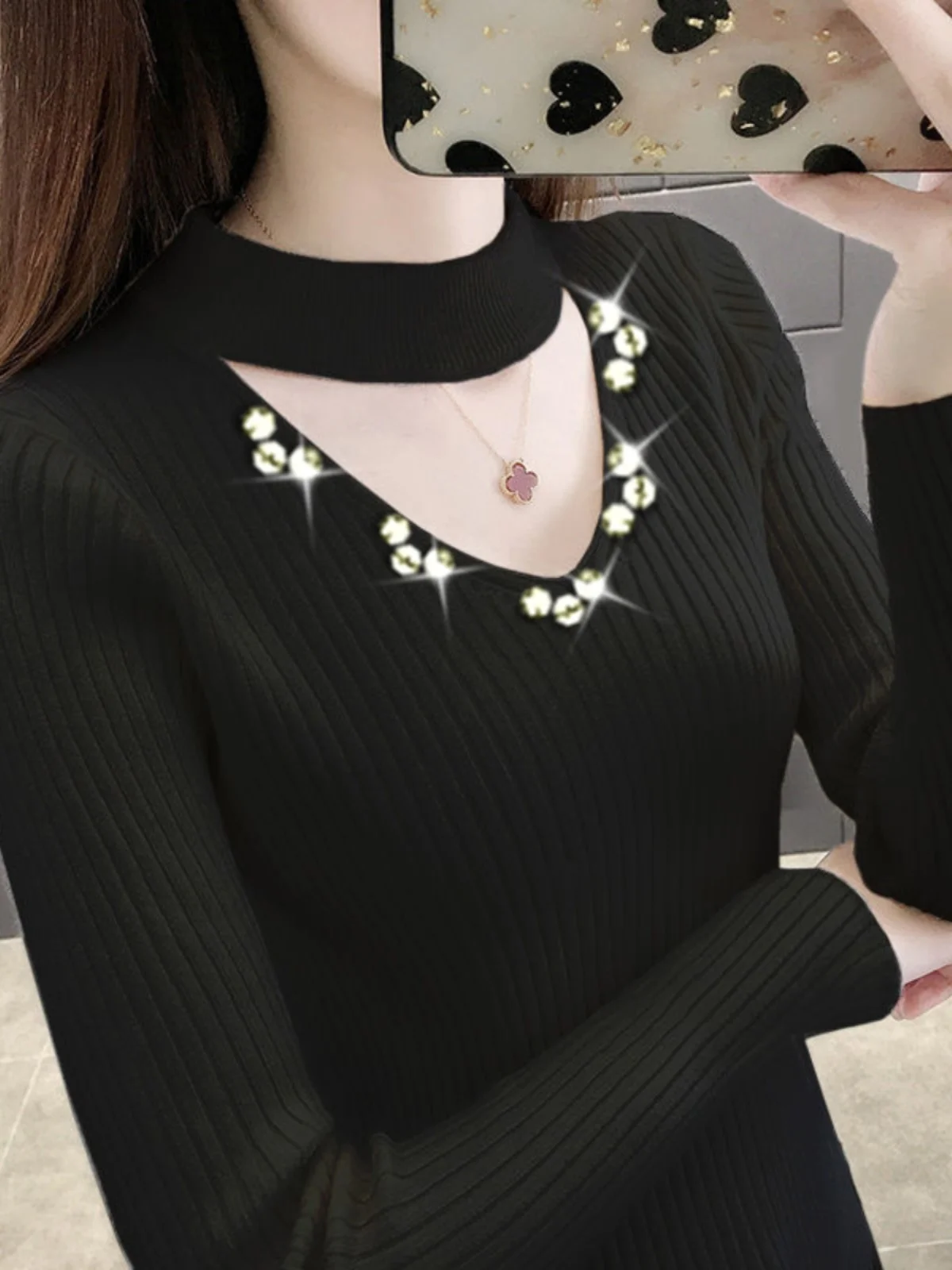 Slim Fit lavorato a maglia lungo Sve V-Ne Base irt Crew da donna Ne Hollow out Bead maglione impreziosito Primavera 2025 Sle coreano