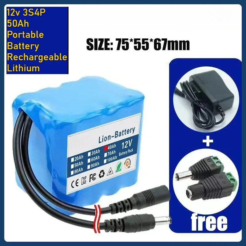 

Fishing Battery 12v 3S4P 50Ah Portable 12V Battery Rechargeable Lithium Ion Battery Pack Capacity DC Cam Monitor+Charger