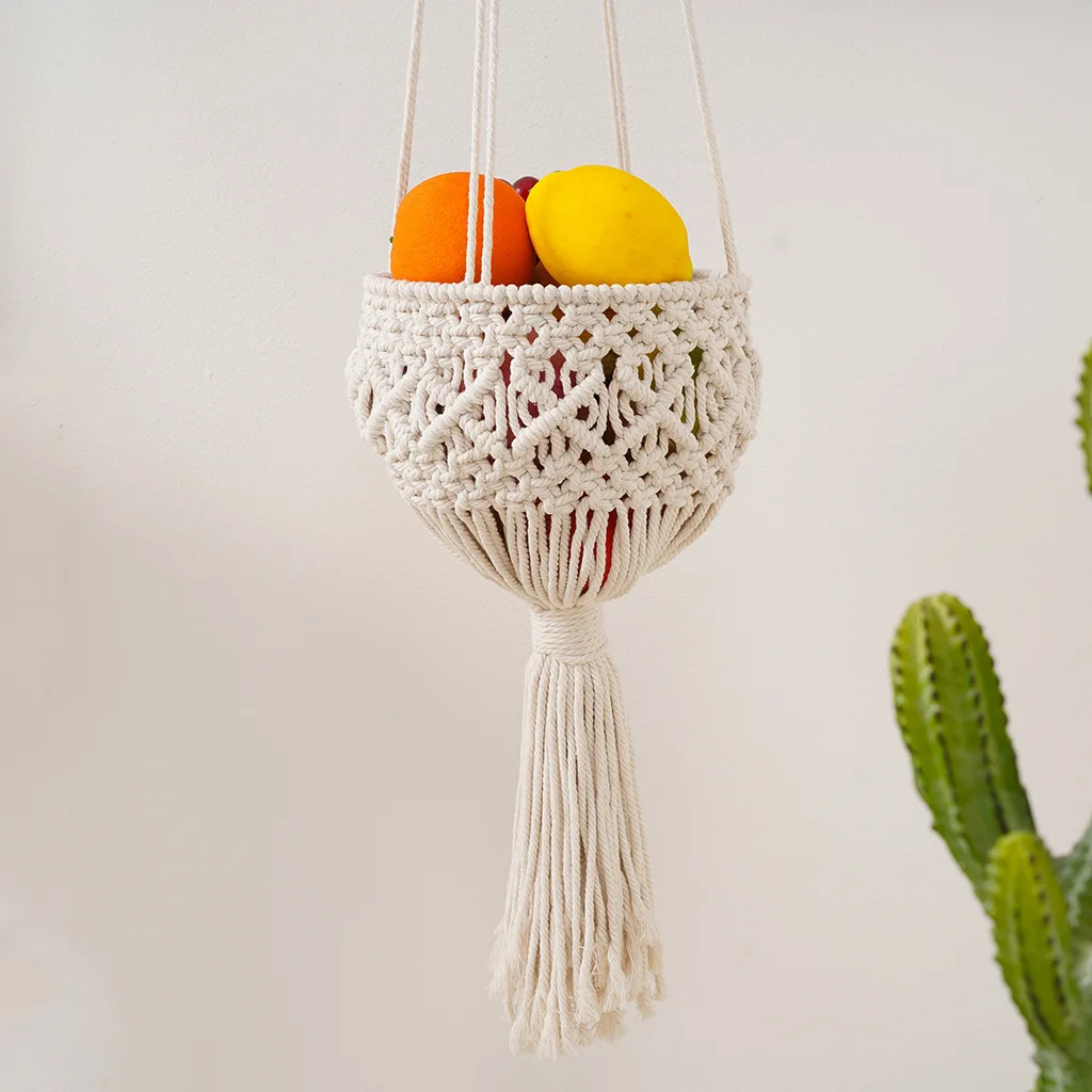 Macrame Hanging Storage Baskets Handmade Woven Wall Organizers with Tassels for Home Decor and Plant Fruit Storage Tapestry