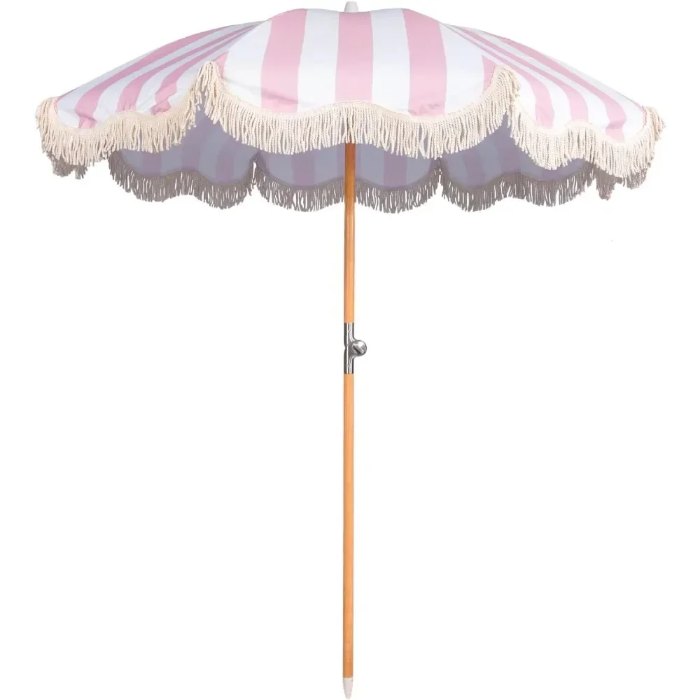 

Beach Umbrella with Fringe, UPF 50+ Foldable Patio Boho Tassel Umbrellas with Carry Bag, Premium Wood Pole, 6.5ft Beach Umbrella