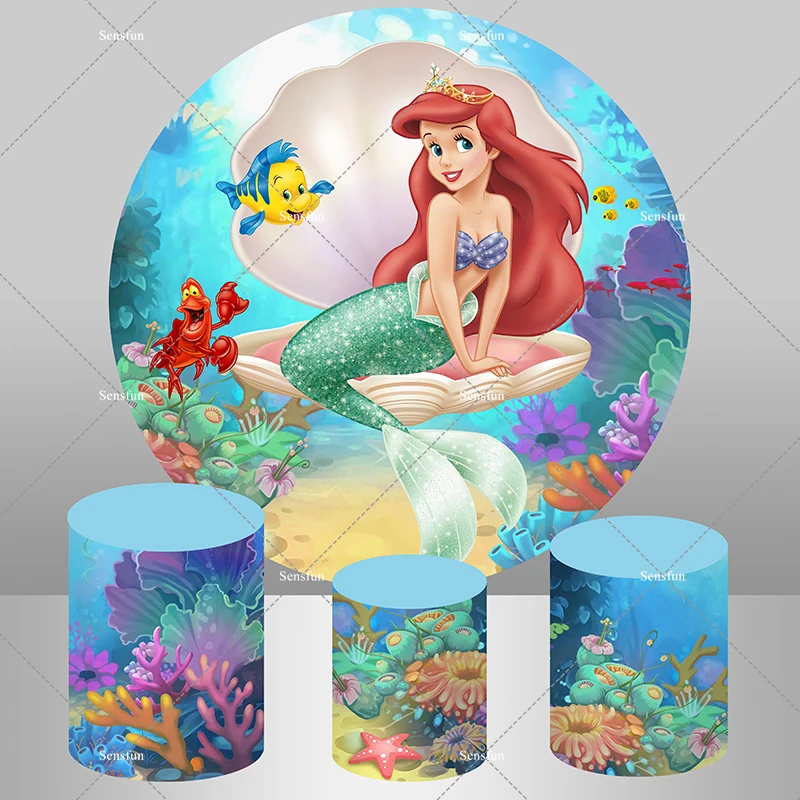 

Disney Little Mermaid Princess Ariel Round Backdrop Under The Sea Coral Girls Baby Shower Birthday Party Background Plinth Cover