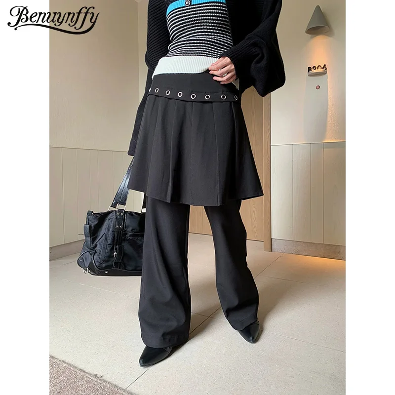

Benuynffy 2025 осень-зима 2 в 1, плиссированная юбка, брюки, женская новая модная уличная одежда, черные свободные расклешенные брюки, женские штаны
