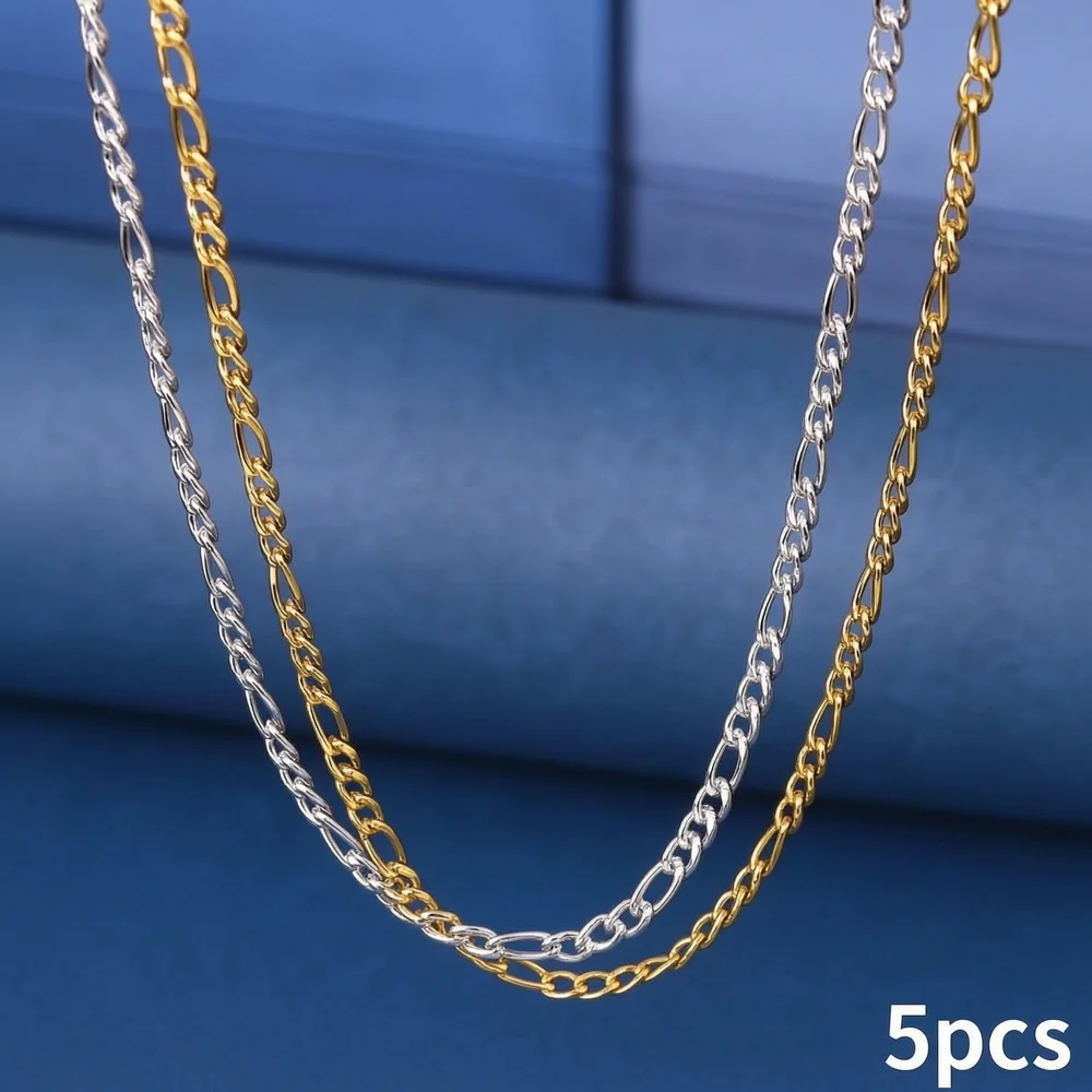 5pcs Stainless Steel 2.3mm Wide 3:1 Figaro Chain Necklaces Unisex Daily Jewelry 45/50/55/60cm Silver Tone & Gold Tone Available