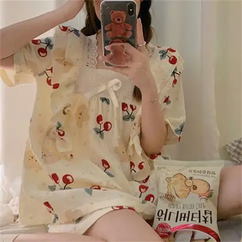 الكورية لطيف بيجامة مجموعات المرأة الصيف الكرتون ملابس المنزل قطعتين مجموعة امرأة ملابس خاصة بيجامة قطنية عرض ملابس النوم Pj #3