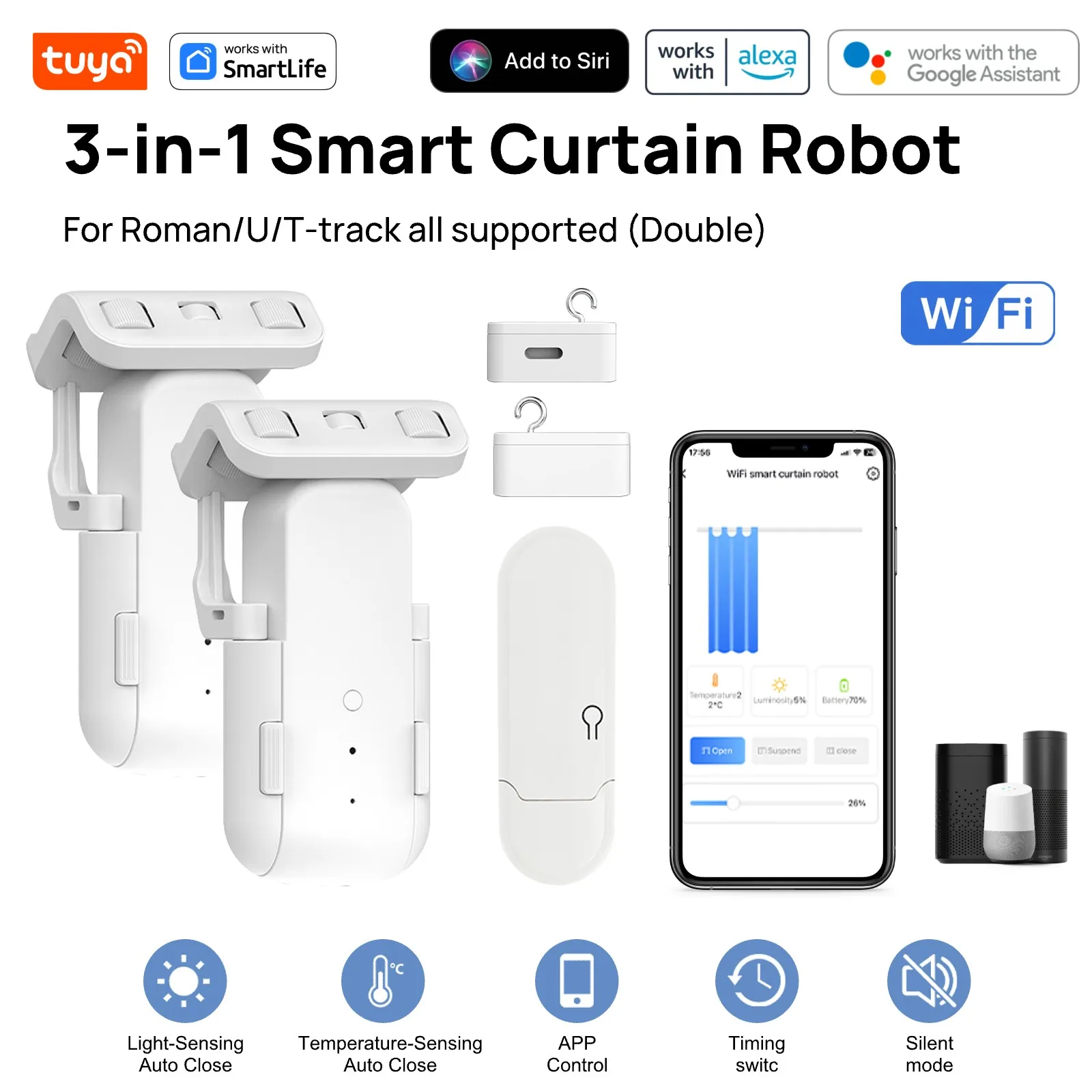 Tuya Smart Curtain Robot Curtain Motor 3-in-1 Wi-Fi Tuya APP Remote control Timed switch,Pull-to-start For Rod&TU Tracks-Double