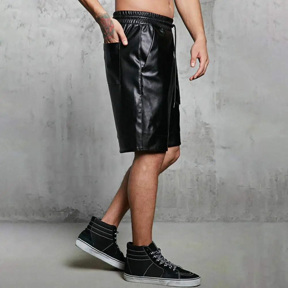 Men Summer Shorts Elastic Drawstring Waist Faux Leather Shorts Pockets Solid Color Wide Leg Shorts Streetwear Men's Clothing