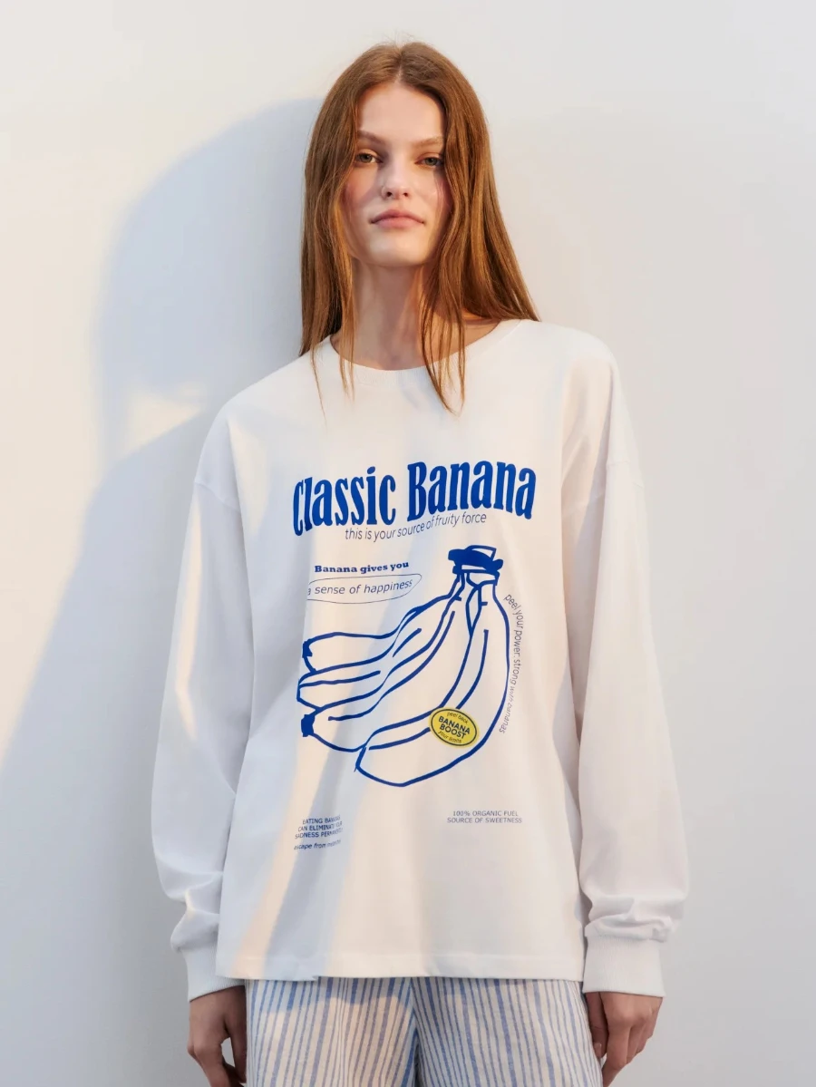 2026 Spring Autumn New 100% Cotton T-Shirt Women's Chic Collage Banana Print Long Sleeve Design Casual Loose Fit INS Trend Top
