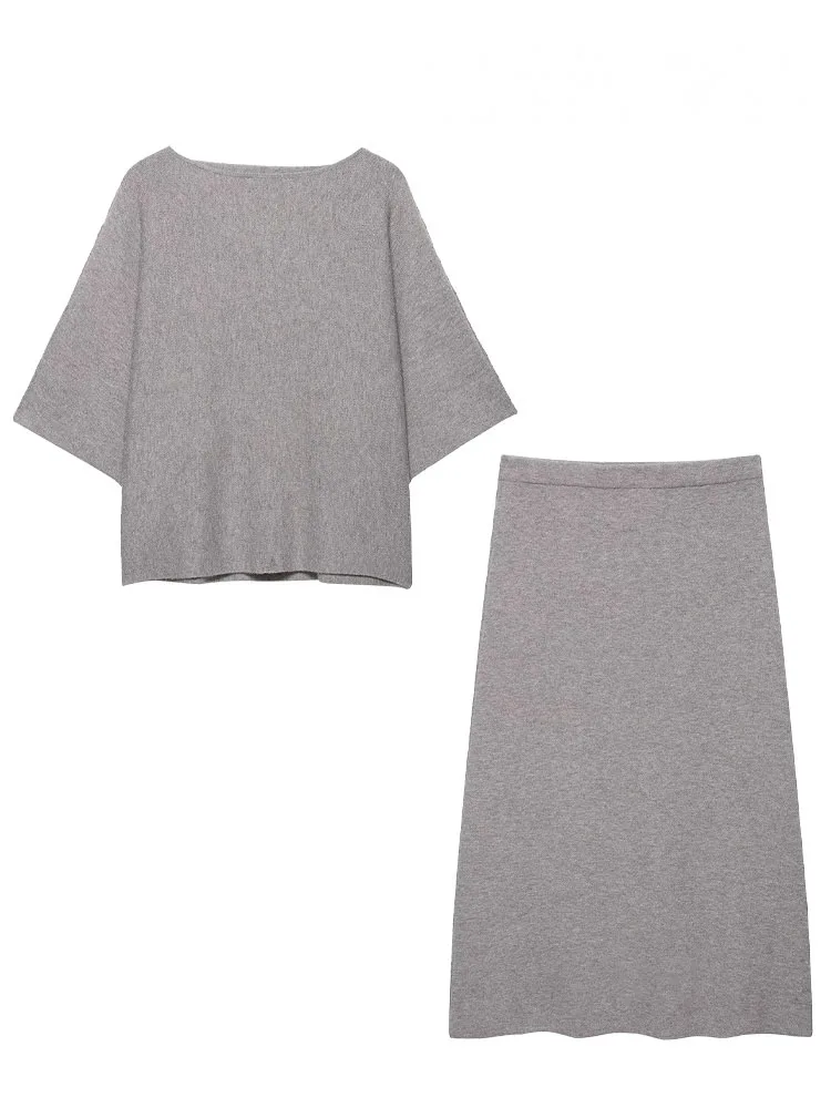 HH Mulheres Outono Casual Saia Ternos Assimetria Flip Collar Mangas Compridas Pulôver Suéter + Cintura Elástica Saia Midi de Malha