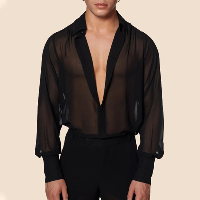 Męska Odzież Siateczkowa Prześwitująca Seksowna Koszula z Długim Rękawem Jednolity Kolor Zapinana na Guziki Vintage Streetwear Retro Imprezowe Topy S-3XL