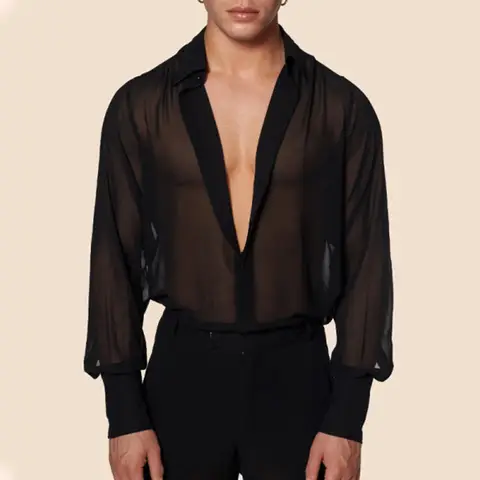 Men's Clothing Mesh See Through Mesh Sexy Long Sleeve Shirt Solid Color Button-down Vintage Streetwear Retro Party Tops S-3XL