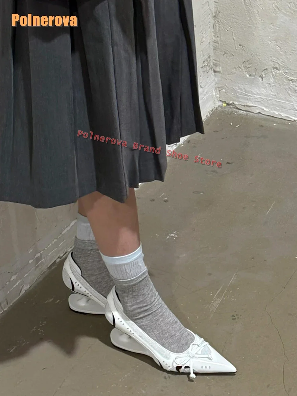 Silvery Bowknot Strange Style Mary Janes Shoes 2025 Spring New Style Pointed Toe Mesh Patchwork Street Style Lady Fashion Pumps