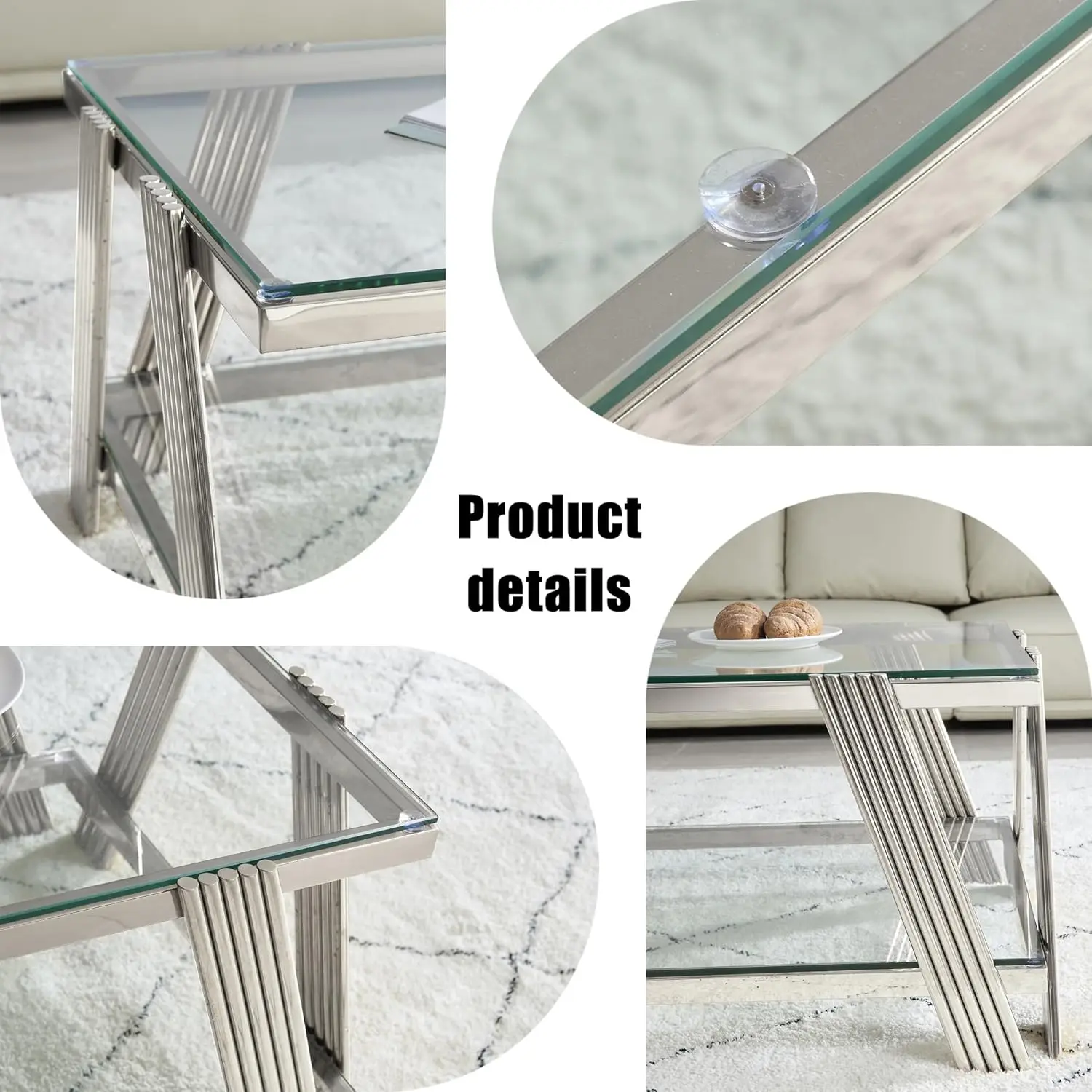 47" Modern Coffee Table, Double-Layer Clear Tempered Glass Table Top With Stainless Steel Frame, Center Table With Storage, For