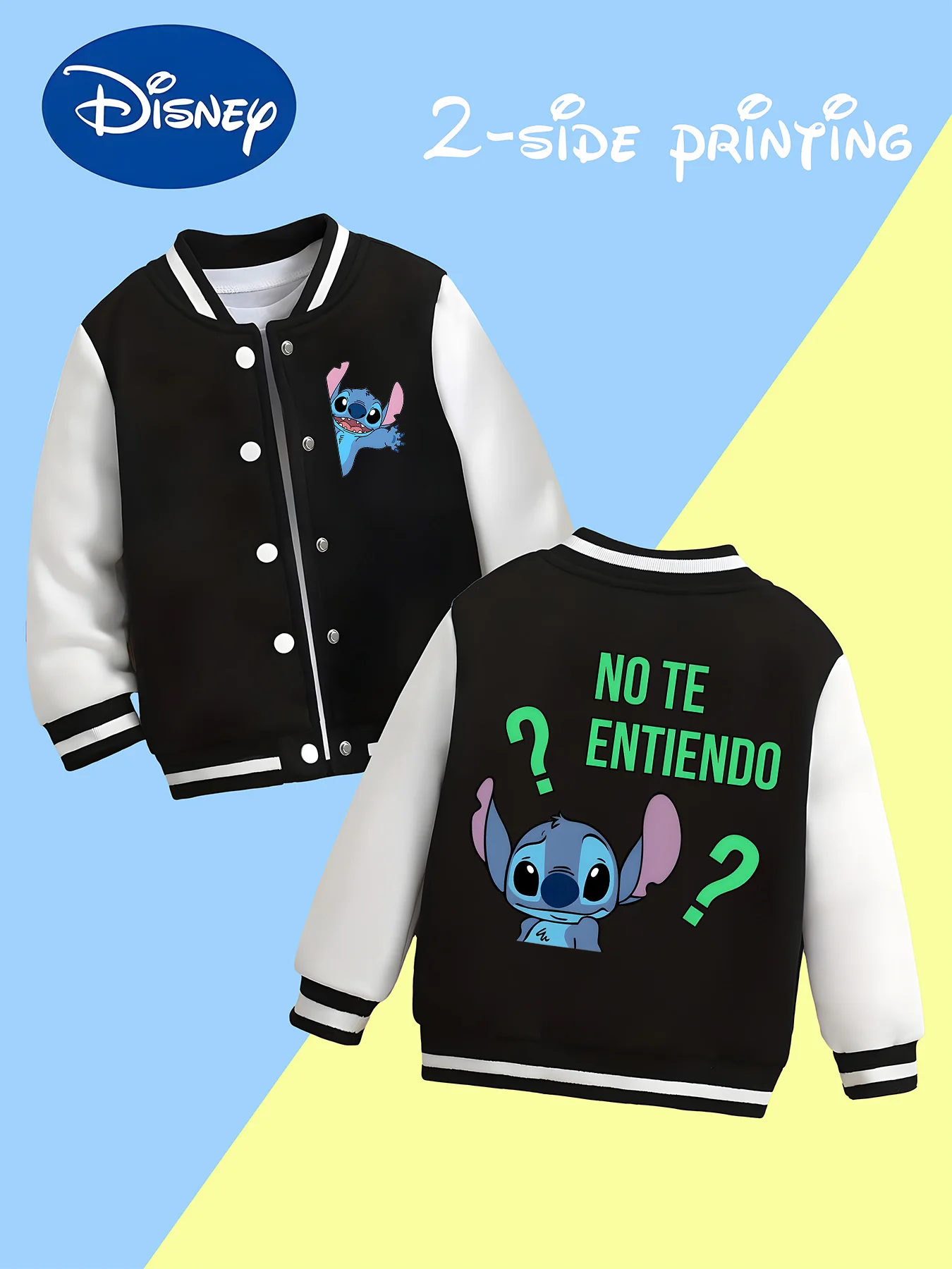 

MINISO Disney Stitch Baseball Jacket for Boys - Double-sided Spanish print, creative wear, soft fabric, casual and versatile