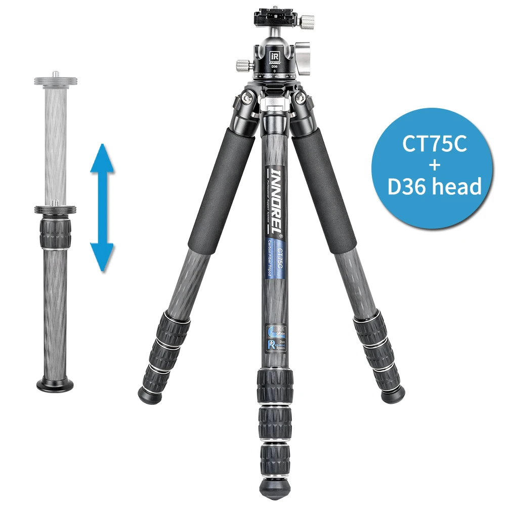 INNOREL CT75C/CT85C Koolstofvezel reisstatief voor DSLR-camera Zware standaard met balhoofd met lage zwaartekracht en korte middenkolom