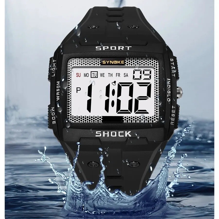 SYNOKE New For Men Sports Electronic Watch Waterproof Night Glow Large Screen Square Outdoor Running Camping Student Watch