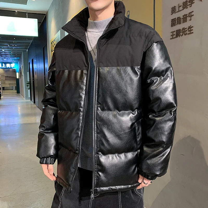 

Winter Thickened Warm Men Parkas Stand Collar Windproof Male Cotton Clothing Fashion High Quality Pu Leather Overcoats for Men