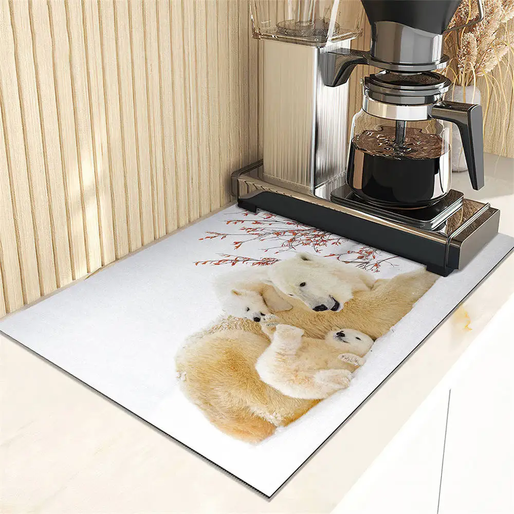 Cute Polar Bear Pattern Drain Pad Super Absorbent Dish Drying Mat Non-Slip Anti-mildew Counter Top Mat Sink Dish Draining Mat