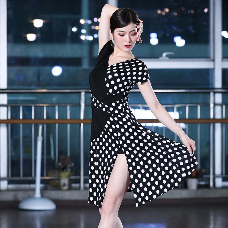 Latin Dance Clothing Womens dresses Adult Summer Polka-dot Patchwork Dress V-neck Sexy Performance Dance Wear Training Dress