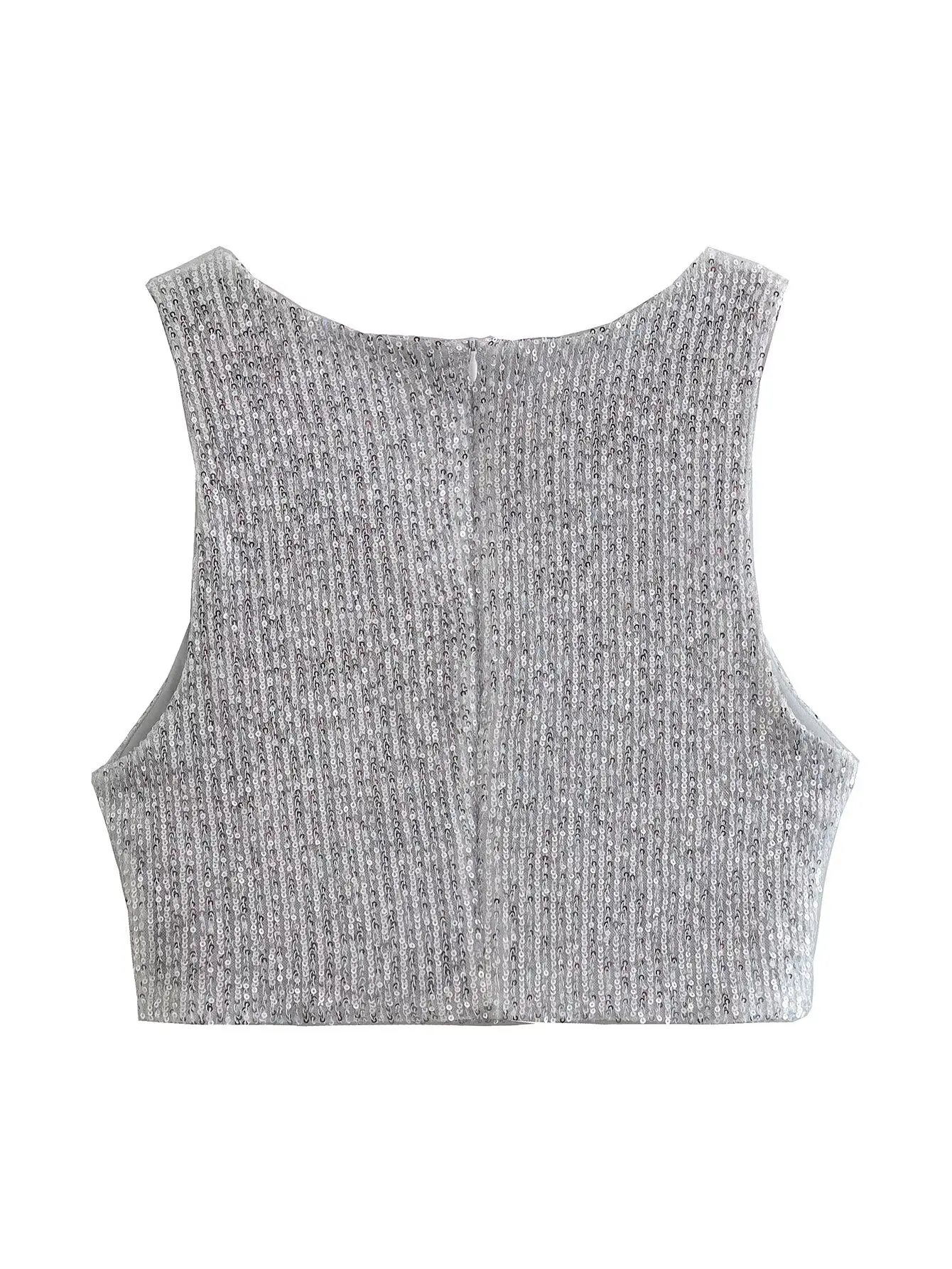 Women's Clothing Knitted Vest Cropped Chunky Wool Tank Top With Silver Sequins Stylish Little Vest With No Elasticity