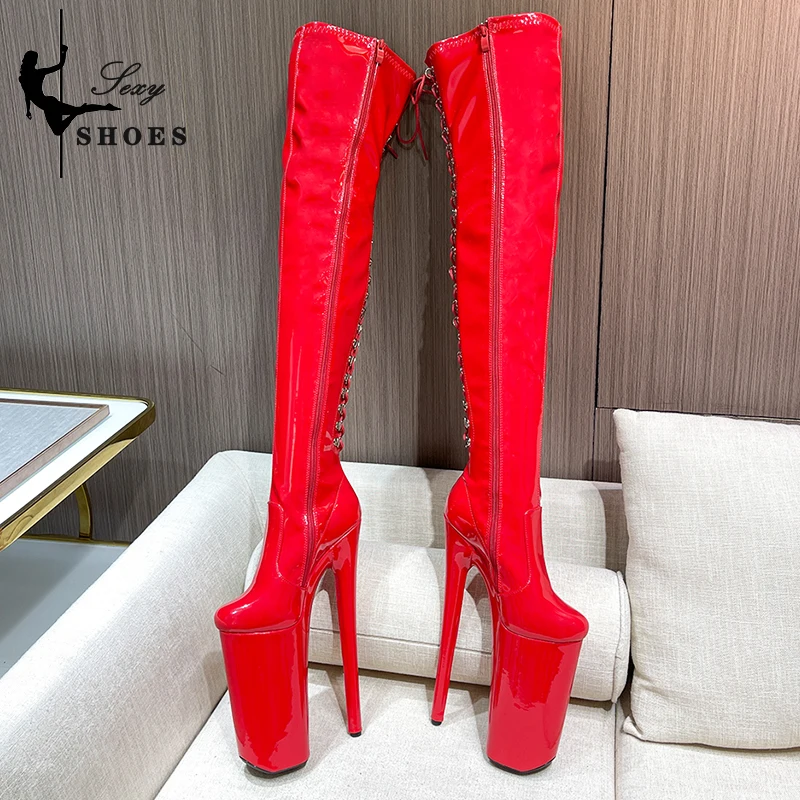 Ultrahigh Heel Platform Stripper Shoes for Women 23CM Heels Over-the-Knee Strap Trend 2024 Ladies Cross-tied Patent Leather Boot