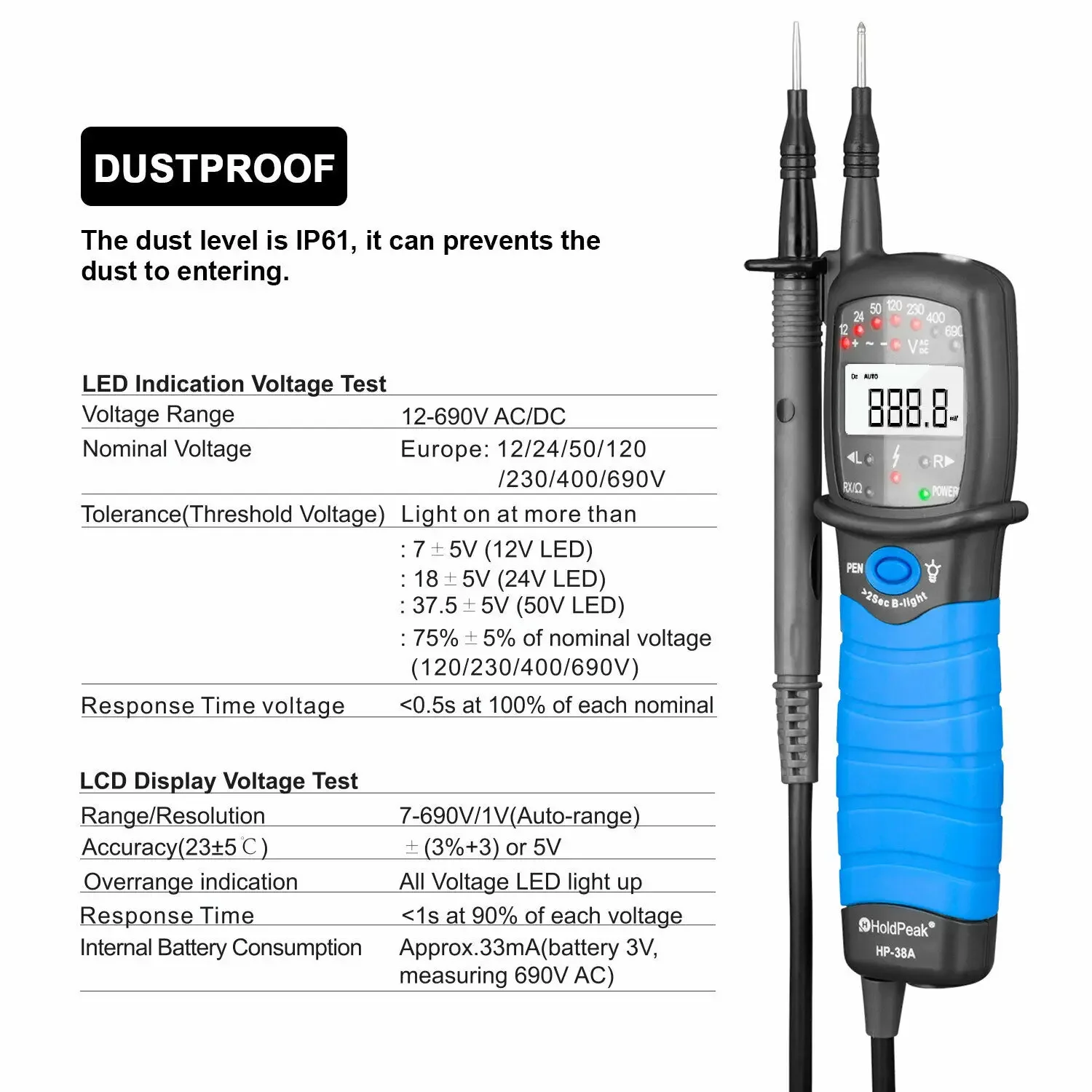 HoldPeak HP-38A Tester Pen Digital LCD display AC/DC Voltage Non-contact Auto-range Phase Rotation Detector Continuity Test