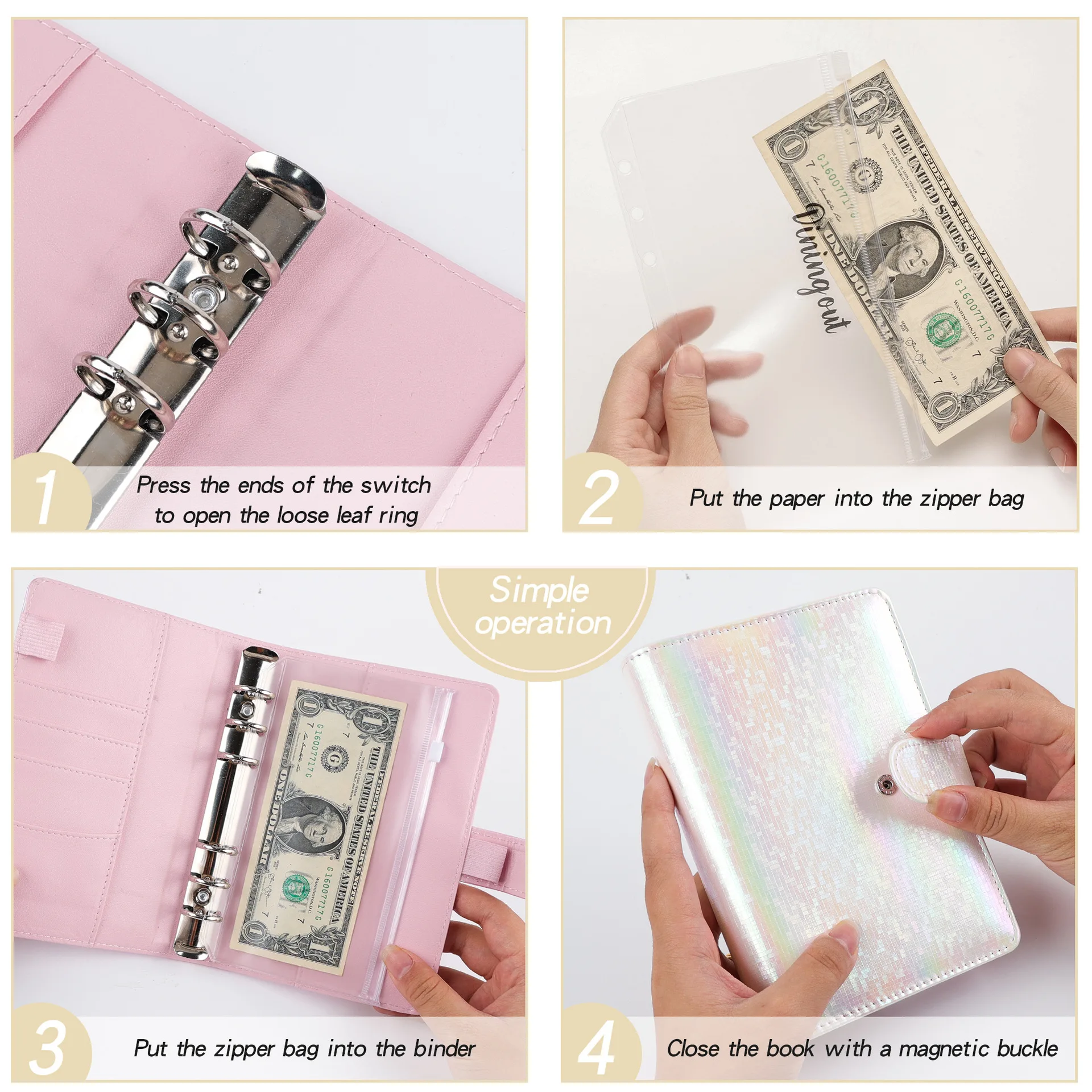 A6 PU Leather Marble Notebook Binder Budget Planner Money Organizer for Cash Savings with Zipper Envelope Pockets Stickers