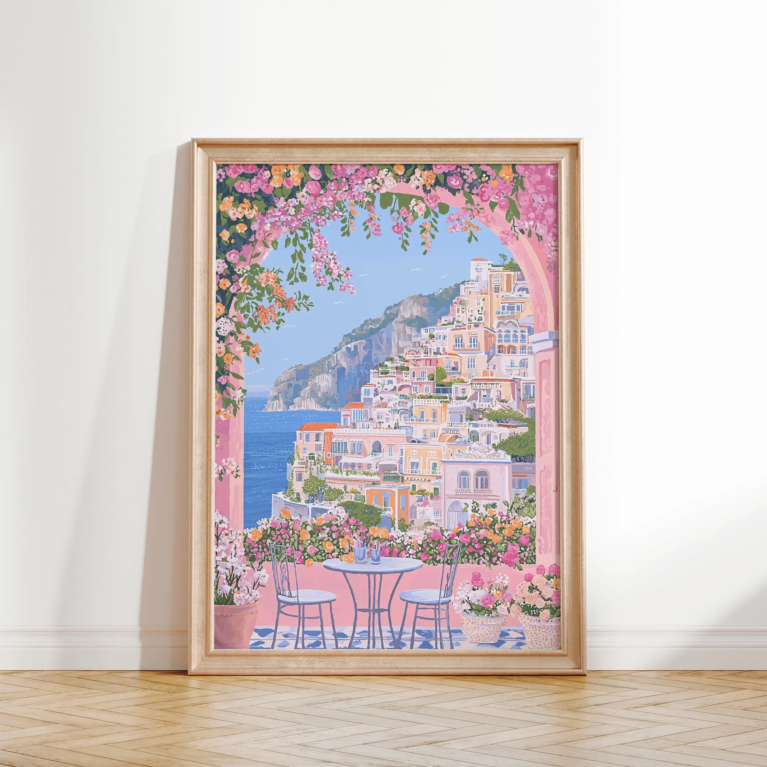1pc Modern Cityscape Travel Mural Pink Flowers Nature Landscape Buildings Art Poster European City Mural Unframed Home Decor view 5