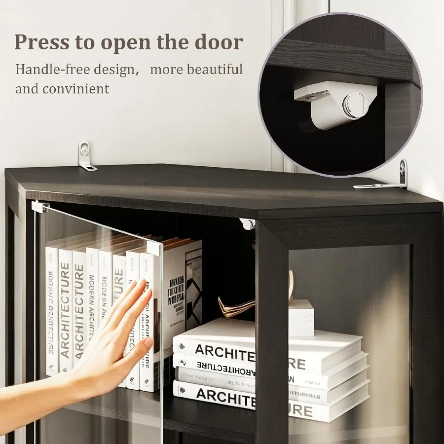 Corner display cabinet with glass doors for living room, engineered wood in black with RGB lights and 3-tier wood shelves, idea view 6