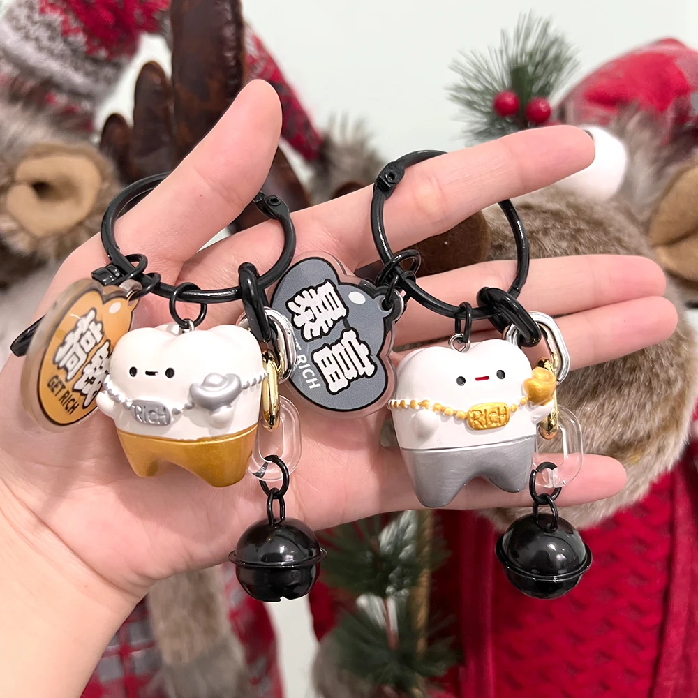 Creative "Get Rich" Dentists Tooth Shape Keychain Pendant Bag Charm Backpack Handbag Ornaments Keyring Adult Kids Cute Gift