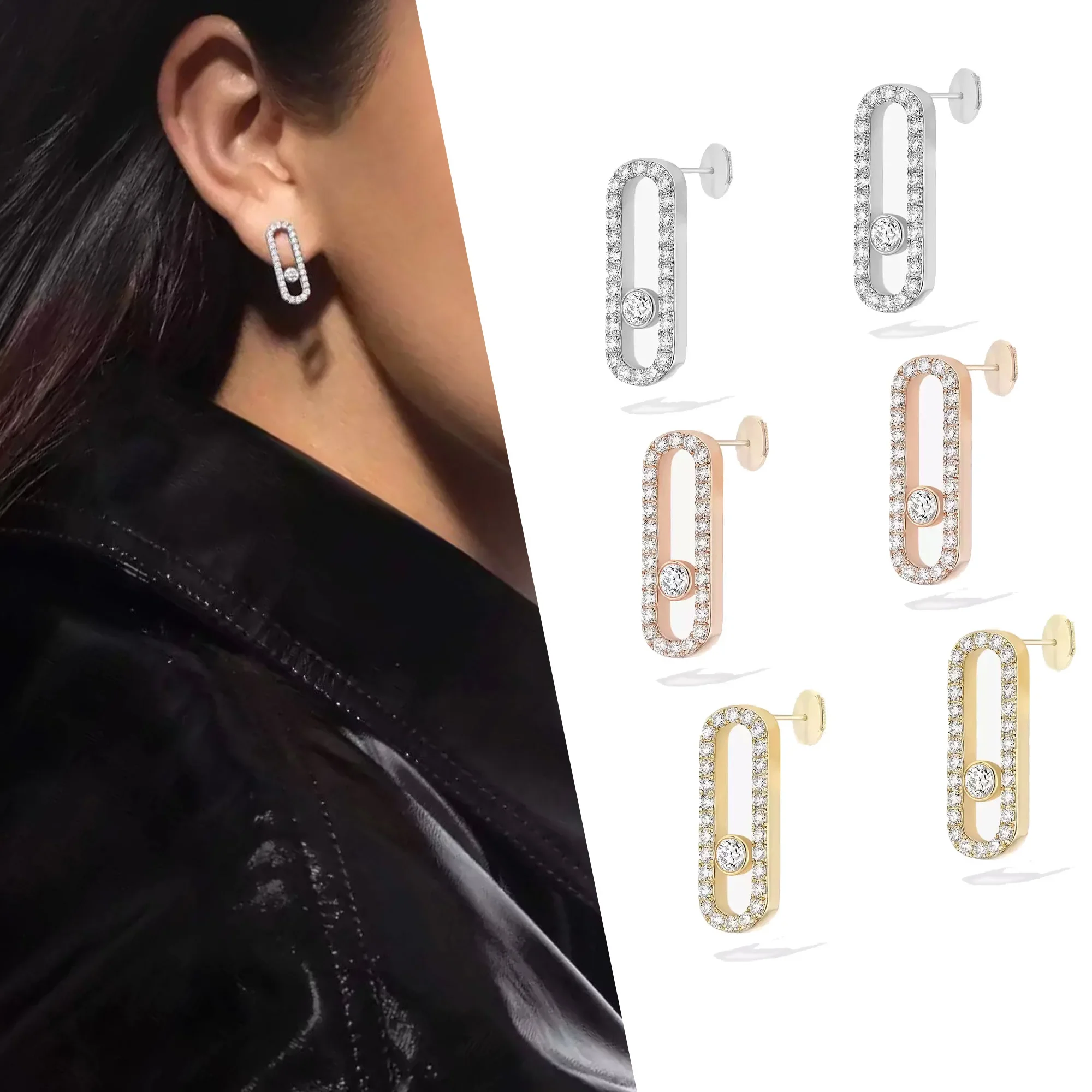 GM Classic and fashionable pure silver s925 Messika-style MOVE UNO series geometric sliding diamond earrings for women